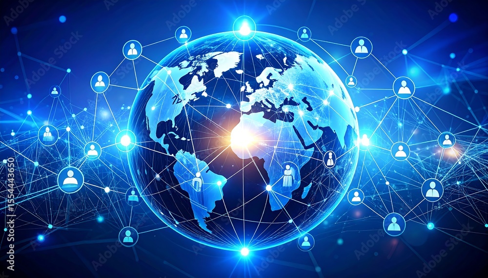 Naklejka premium Global Network: A vibrant blue globe surrounded by interconnected user icons, representing global connection and communication.