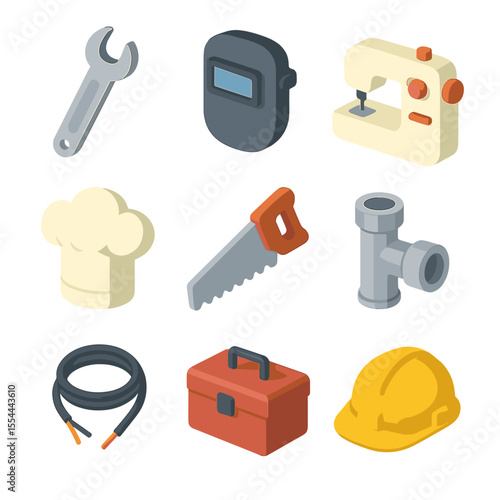 Vocational Training Icons. Isometric Flat icon set of Vocational and Technical Training: wrench, welding mask, sewing machine,