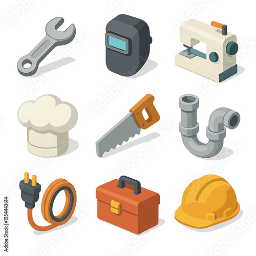 Vocational Training Icons. Isometric Flat icon set of Vocational and Technical Training: wrench, welding mask, sewing machine,