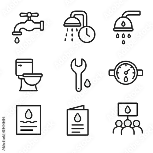 Water Conservation Icons. Outline icon set of water conservation awareness: faucet turned off, shower timer, low-flow showerhead,