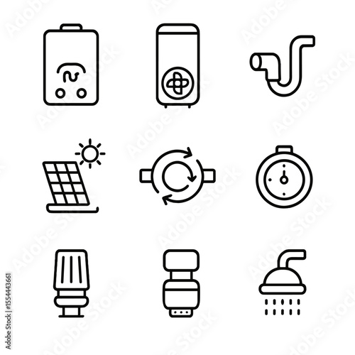 Water Heater Icons. Outline icon set of water heating efficiency: tankless water heater, heat pump water heater, pipe insulation,