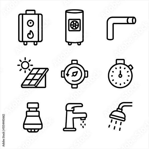 Water Heater Icons. Outline icon set of water heating efficiency: tankless water heater, heat pump water heater, pipe insulation,