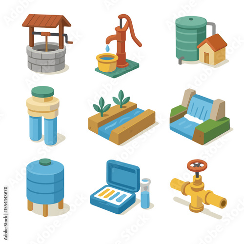 Water Management Icons. Isometric Flat icon set of water security and management in villages: water well, hand pump, rainwater