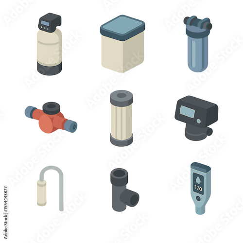 Water Treatment Icons. Isometric Flat icon set of basement water treatment and softening: water softener tank, brine tank, filter