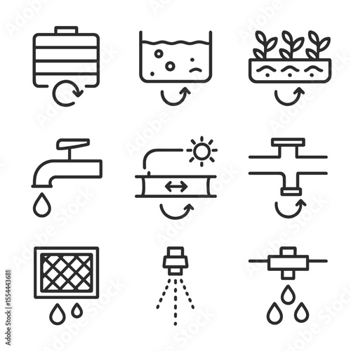 Water Recycling Icons. Outline icon set of water recycling and reuse: greywater tank, settling basin, biofiltration bed, UV