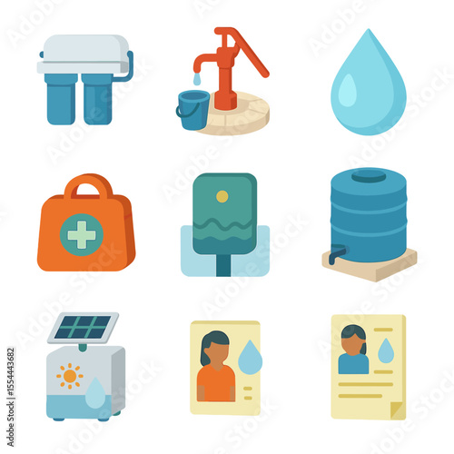 Water Purification Icon Set. Isometric Flat icon set of water purification and sanitation startups: water filter unit, hand pump