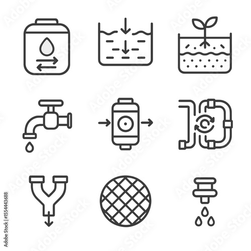 Water Recycling Icons. Outline icon set of water recycling and reuse: greywater tank, settling basin, biofiltration bed, UV