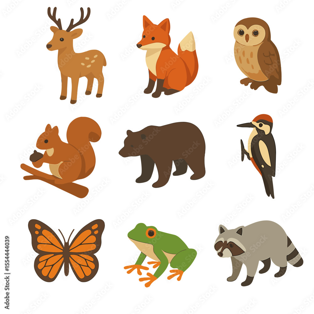 Obraz premium Wildlife Isometric Icons. Isometric Flat icon set of forest wildlife and fauna: deer, fox, owl perched, squirrel on branch, bear