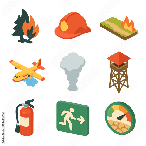 Wildfire Prevention Icons. Isometric Flat icon set of Forest Fires and Wildfire Prevention: burning tree silhouette, firefighter