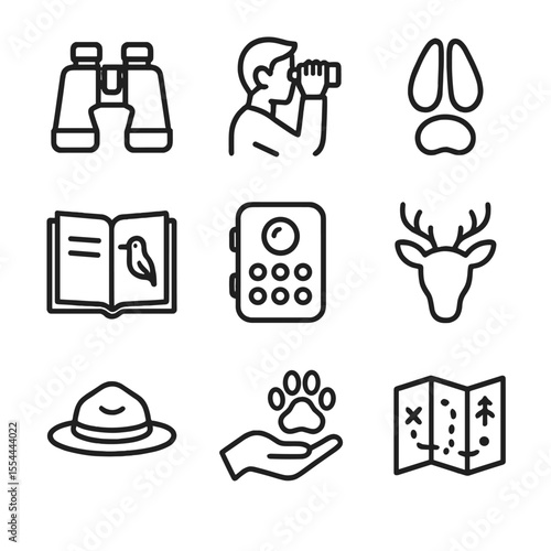 Wildlife Conservation Icons. Outline icon set of wildlife conservation tourism: binoculars, birdwatching, tracker footprint,