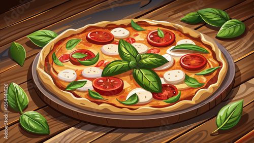 pizza, basil, mozzarella, golden crust, wood-fired, Italian food, lunch, dinner, baked, semi-realistic, realistic, tomato, cheese, dough, slice, herbs, garlic, olive oil, wood texture, rustic, melted,