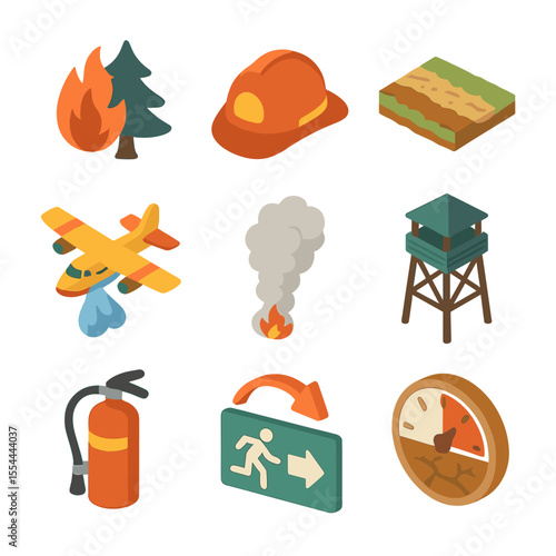Wildfire Prevention Icons. Isometric Flat icon set of Forest Fires and Wildfire Prevention: burning tree silhouette, firefighter
