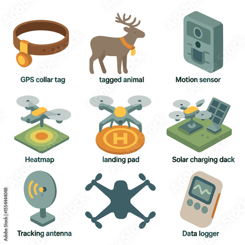 Wildlife Tracking Drone Icons. Isometric Flat icon set of wildlife tracking drones for research: GPS collar tag, tagged animal