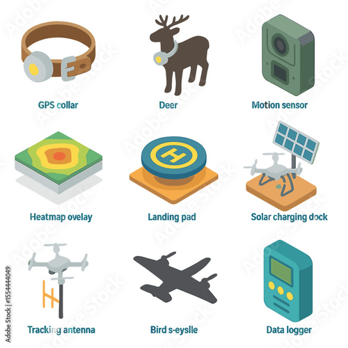 Wildlife Tracking Drone Icons. Isometric Flat icon set of wildlife tracking drones for research: GPS collar tag, tagged animal