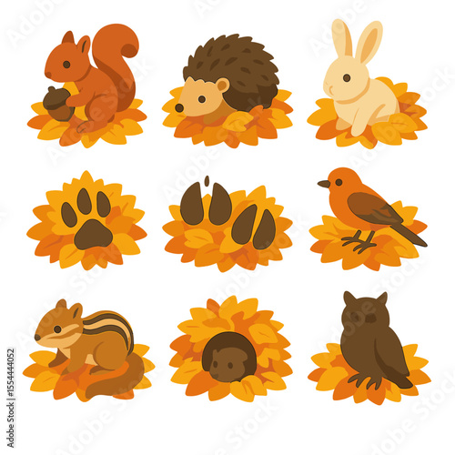 Wildlife Leaf Icons. Isometric Flat icon set of wildlife in leaf piles: squirrel with acorn, hedgehog in leaves, rabbit emerging,