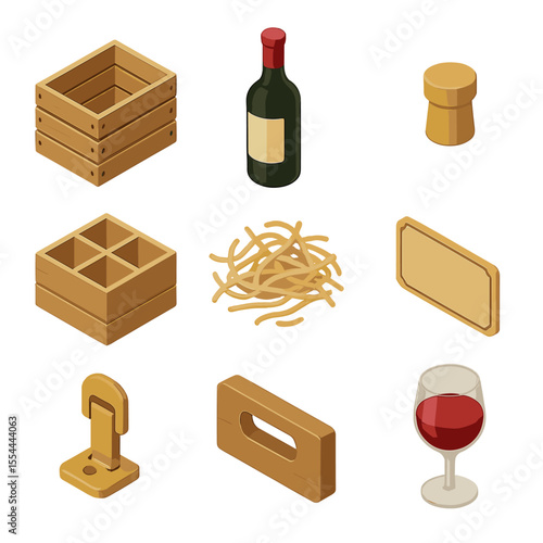 Wine Packaging Icons. Isometric Flat icon set of wine bottle crate packaging: wooden crate, wine bottle, cork, bottle divider,