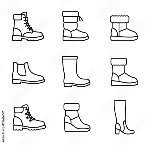 Winter Boots Icons. Outline icon set of winter boots styles: lace-up combat boots, insulated snow boots, shearling-lined ankle