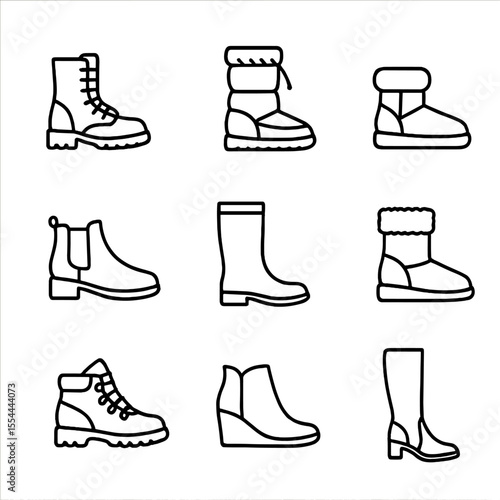 Winter Boots Icons. Outline icon set of winter boots styles: lace-up combat boots, insulated snow boots, shearling-lined ankle