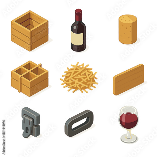 Wine Packaging Icons. Isometric Flat icon set of wine bottle crate packaging: wooden crate, wine bottle, cork, bottle divider,