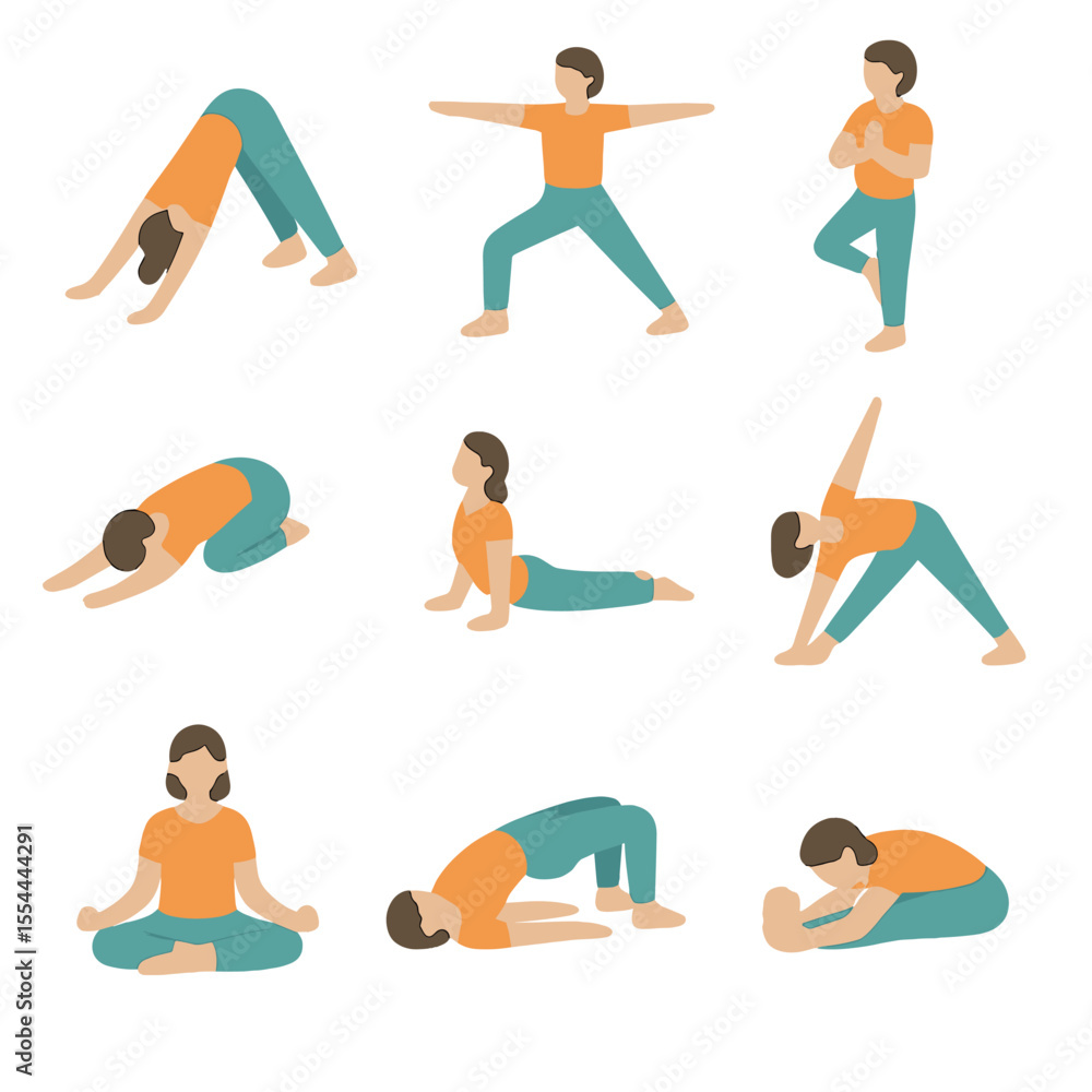 Yoga Pose Icons. Isometric Flat icon set of yoga asanas: downward dog pose, warrior II pose, tree pose, child’s pose, cobra pose, Yoga Pose Icons. Isometric Flat icon set of yoga asanas: downward dog pose, warrior II pose, tree pose, child’s pose, cobra pose,