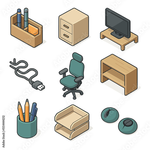 Workspace Icon Set. Isometric Flat icon set of Workspace Organization: desk organizer, file cabinet, monitor stand, cable
