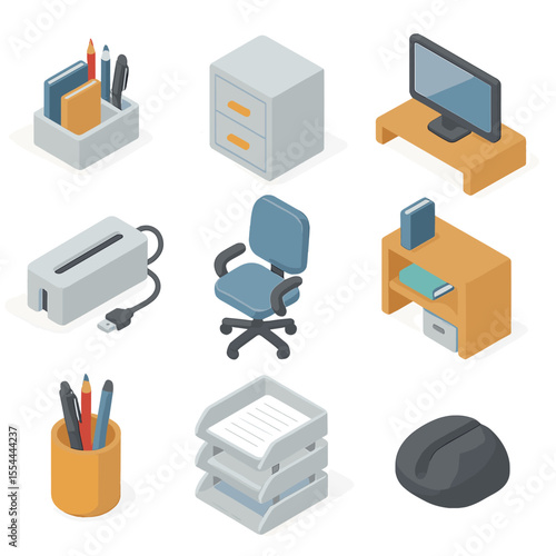 Workspace Icon Set. Isometric Flat icon set of Workspace Organization: desk organizer, file cabinet, monitor stand, cable