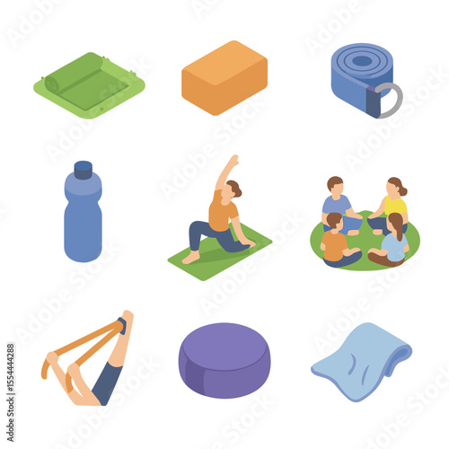 Yoga Icon Set. Isometric Flat icon set of flexibility and yoga in park: yoga mat on grass, yoga block, yoga strap, water bottle,