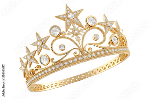 Elegant gold tiara with stars and diamonds isolated on transparent background