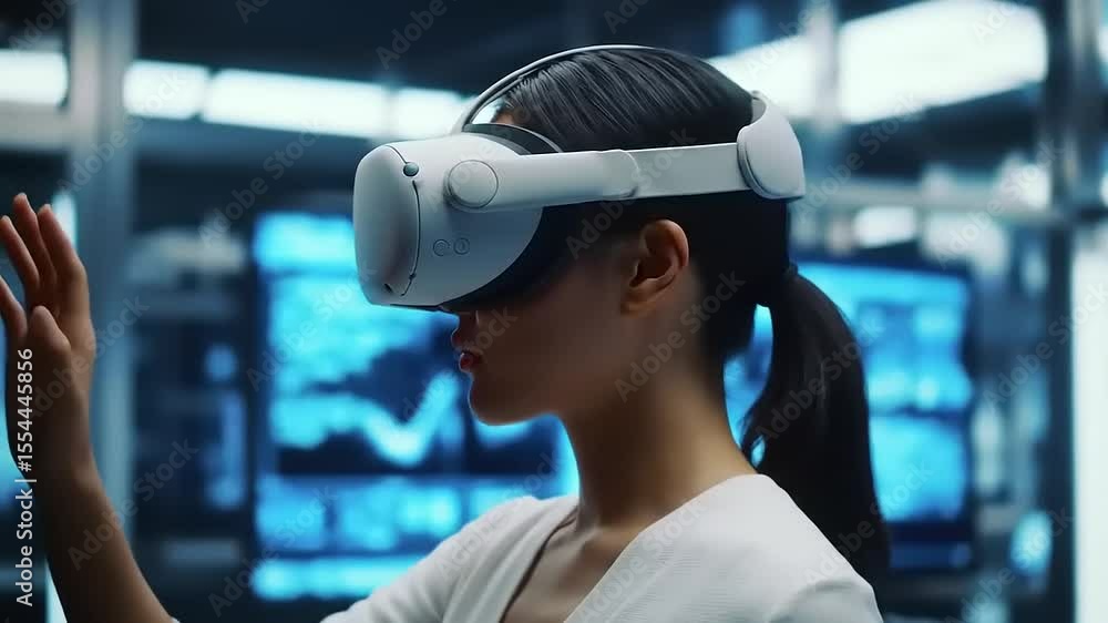 Young woman using virtual reality headset, engaged in immersive technology experience in a futuristic lab Young woman using virtual reality headset, engaged in immersive technology experience in a futuristic lab