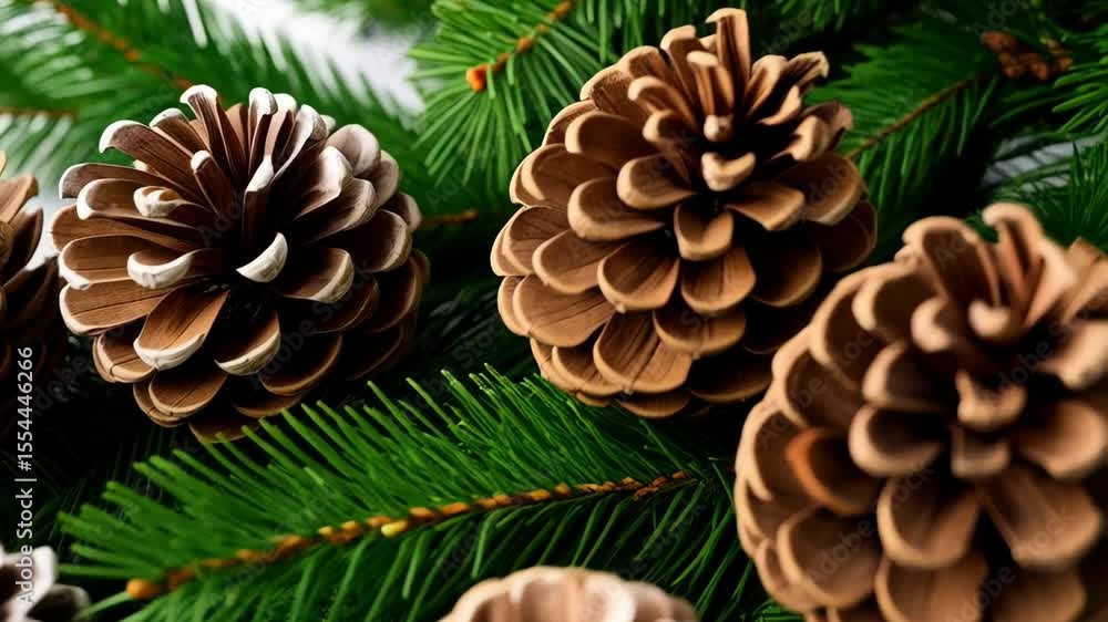 Cones and evergreen foliage arranged for decorative holiday or winter seasonal design, showing texture and form of pine needles and cone scales. Cones and evergreen foliage arranged for decorative holiday or winter seasonal design, showing texture and form of pine needles and cone scales.