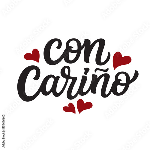  Hand lettering phrase 'With Love' in spanish with hearts isolated on white background. Vector typography for Valentine's day decorations, cards, poster, banner