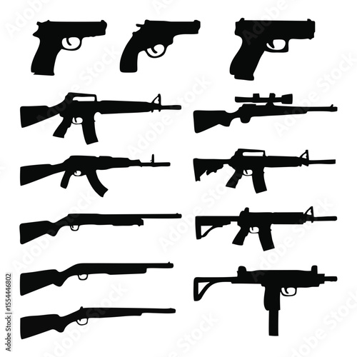 Collection of various firearm silhouettes, including pistols and rifles, depicted in black against a white background.