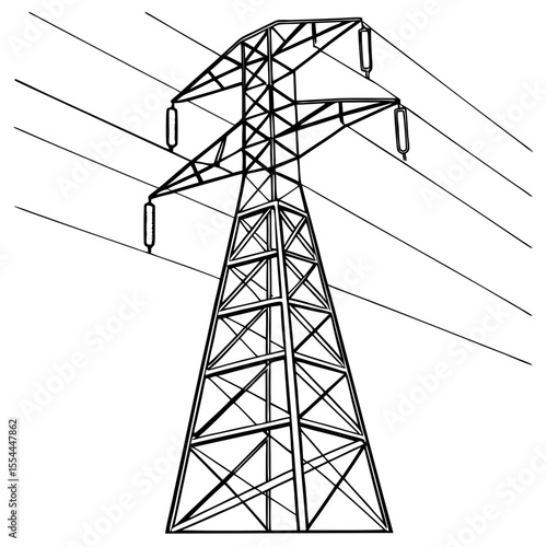 Black and white line drawing of a tall electricity pylon with power lines