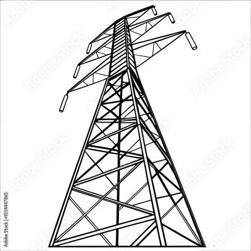 High voltage electricity pylon viewed from below against a white background