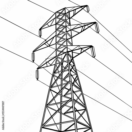 High voltage electricity pylon with transmission lines against a white background
