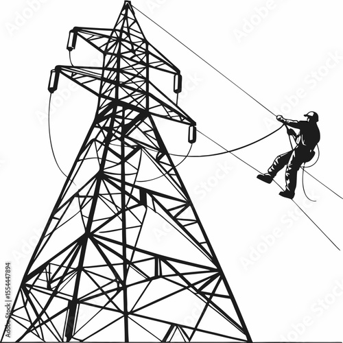 Lineman working on high voltage power line tower using safety ropes and harness