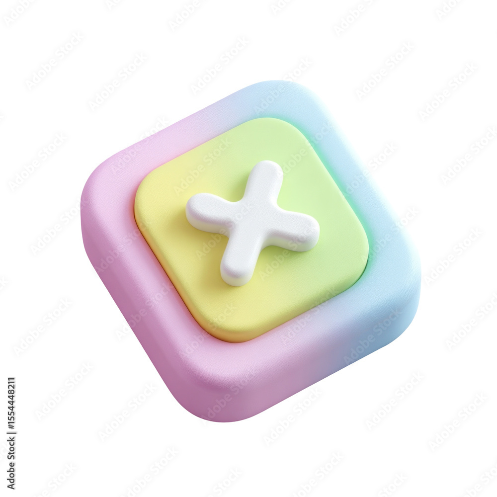 Obraz premium Colorful pastel button with a white cross symbol on a gradient background, ideal for digital design and user interface elements