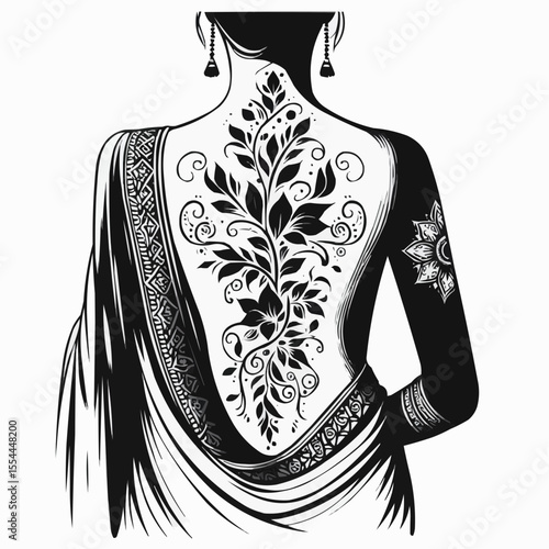 Elegant floral tattoo design on a woman's back adorned with intricate patterns
