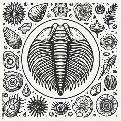 Detailed black and white illustration of diverse shells and fossils arranged in a circle