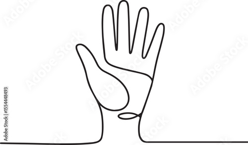  one-line drawing of an open human hand with fingers spread in continuous black line on white background
