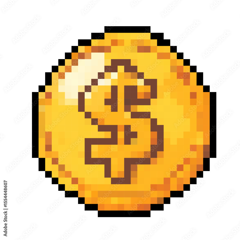 Obraz premium Pixel art coin with dollar sign representing currency, wealth, and finance in a digital style