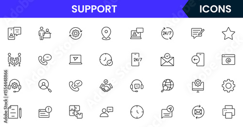 Vector illustration web line icon collection for support: help desk, chat, customer service, and assistance symbols in a friendly, modern, and approachable design style.