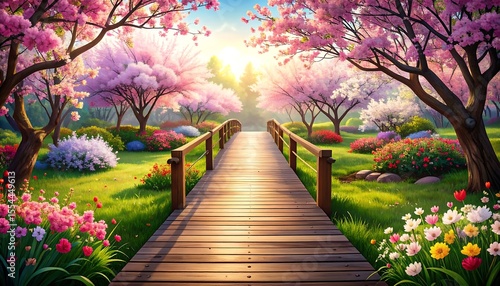 A serene illustration of a wooden path leads into a vibrant spring garden, creating a hopeful mood.