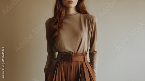 Neutral Tones Fashion,  Long Sleeve Shirt and Pleated Pants