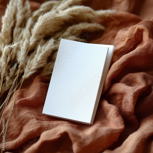 Blank invitation card on terracotta linen textile surrounded pampas grass, Boho wedding invitation card mockup