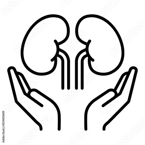 kidney with protective hands icon. Symbolizes organ donation, transplantation support, and medical generosity.
