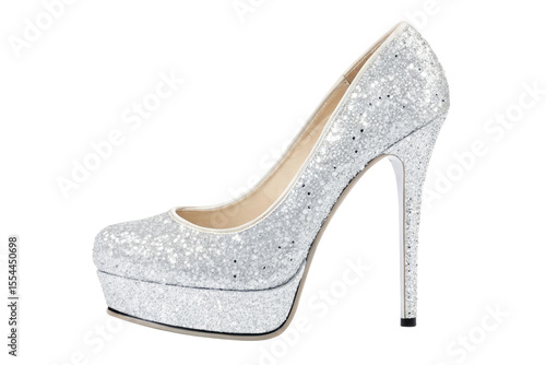 Sparkling silver glitter platform high heel shoe isolated on transparent background