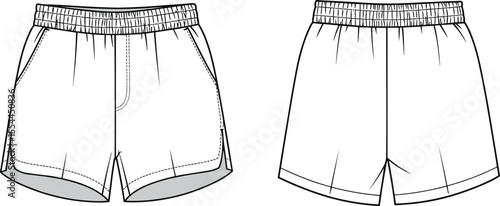 CAD drawing flat vector illustration of athletic shorts, front and back view, drawstring waistband, sporty casual design, fashion sketch, garment layout for clothing designers