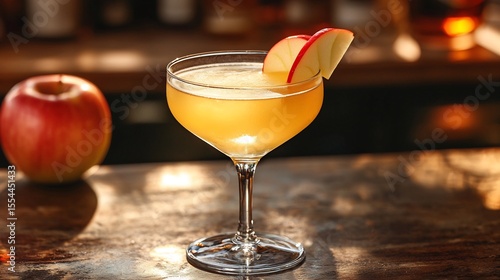 Calvados cocktail coupe glass soft light on apple garnish rustic bar setting 50mm lens Normandy pub