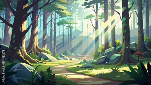 forest, morning, fog, sunlight, sun rays, trees, moss, ground, nature, scenery, landscape, light beam, peaceful, detailed, semi-realistic, green, soft glow, mysterious, quiet, atmospheric, magical, wo